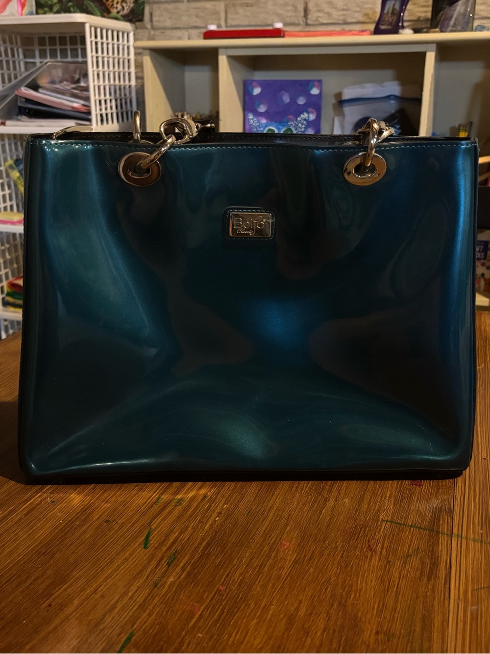 Beijo Shiny Teal Shoulder Tote with Gold Hardware